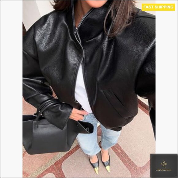 Oversized Faux Leather Bomber Jacket Women's Motorcycle Style Long Sleeve - Picture 5 of 6